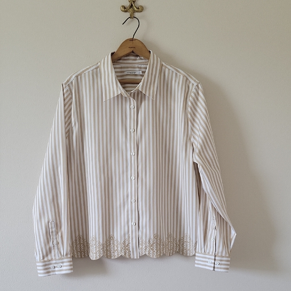 Chico's No Iron Embroidred Scalloped Hem Striped Button‎ Down Shirt Size XL/18
